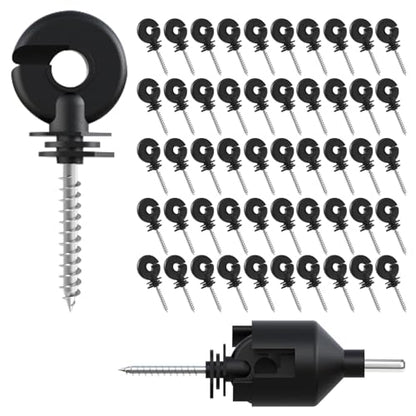 50-Pack UV-Resistant Screw-in Electric Fence Ring Insulators for Wood Posts, Heavy Duty for Animal Livestock, Includes Free Installation Socket Tool (Black)