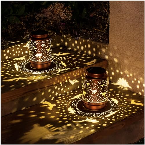 Dinosaur Solar Lanterns Outdoor Waterproof Hanging Solar Lights Dinosaur Gifts for Women Men Metal Decorative LED Dinosaur Lanterns for Garden Decor,Yard,Patio,Lawn,Tabletop,Pathway,Landscape - style: Dinosaur