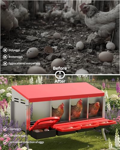 4 Hole Roll Away Chicken Nesting Box - Chickens Laying Box with Removable Tray, Easy Egg Collection & Cleaning, Metal Nesting Boxes for Backyard, Farm, Poultry Coop, with Bracket Legs - color: red, size: 4 Compartments with legs
