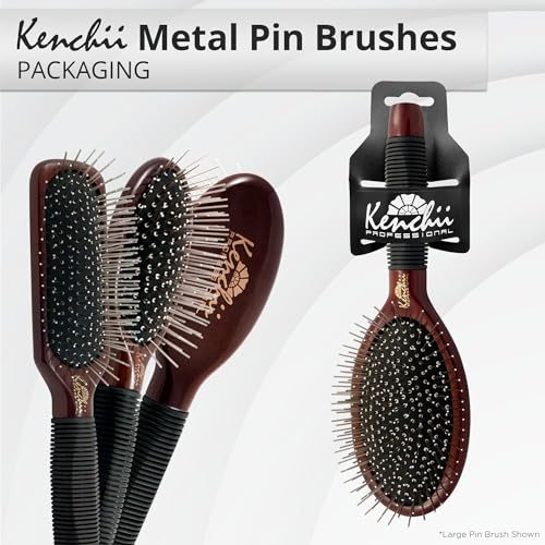 Kenchii Pet Grooming Metal Pin Brush | Solid Wood, Non-Slip Grip Detangling and Shedding Tool for Long or Short Haired Pets - Large Oblong Size - size: Oblong