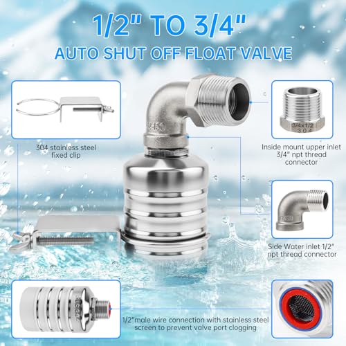 Float Valve, Automatic Water Level Control 1/2 inch to 3/4 inch 304 Stainless Steel Water Float Valve for Water Tank, Livestock Trough - style: Style 5