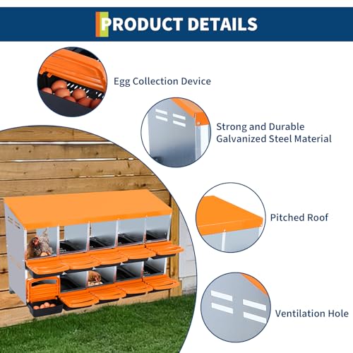 10-Hole Chicken Nesting Box, 2-Tier 10 Compartment Metal Roll Away Egg Laying Box with Lid & Legs, Easy Egg Collection, Galvanized Steel Rustproof Poultry Laying Boxes for Hens, Ducks, Farm, Yard - size: 10 holes-Orange