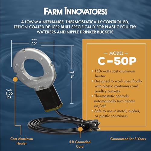 Farm Innovators Chicken Waterer De-Icer for Nipple Drinker Chicken Water Buckets - 150W Water Deicer with Thermostatically Controlled Heating