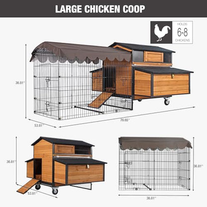 Large Chicken Coop with Run, Mobile Chicken House with Wheels and All-Around Iron Frame, Chicken Tractor Poultry Cage for 6-8 Chickens, Nesting Box, Metal Pull-Out Tray - size: 76.7"L x 53.8"W x 36.8"H