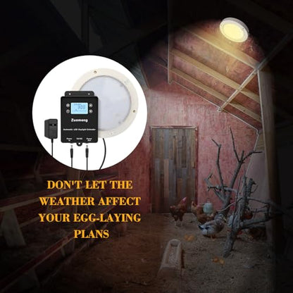 Automatic LED Daylight Extender, Zuomeng Chicken Coop Light with Intelligent Programmable Timer, IP65 Waterproof, Boosts Light for Hens, Enhances Egg Production
