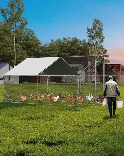 Large Metal Chicken Coop with Run, Walk-in Chicken Pen with Waterproof & Anti-UV Cover, Spire Roof Large Poultry Cage for Hen House, Duck Coop, Dog Kennel and Rabbit Run, 13.12 x 9.84 x 6.56 ft - color: W300 x D400 x H200cm, size: 118.1"L x 157.5"W x 78.7