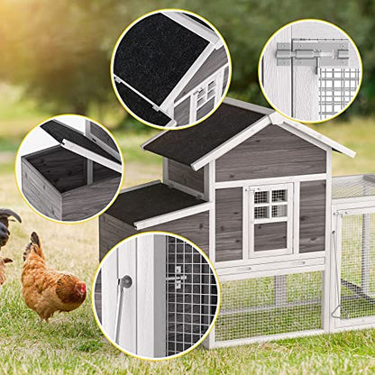 GOJOOASIS Chicken Coop for 2-4 Chickens Outdoor Grey Wooden Hen House Poultry Cage w/Wire Fence, Ramp, Nesting Box, Tray, Roosting Bar, 4 Access Areas (E) - size: E