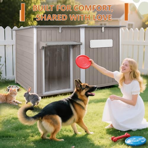 Ketive 55"L Dog House Outdoor Large Breed Extra XL Wooden Dog House with Weatherproof Asphalt Roof, All-Around Iron Frame, Removable Floor, Openable Top Roof, Air Vents Window for Medium to Large Dogs - style: 55.1"L x 33.1"W x 34.8"H