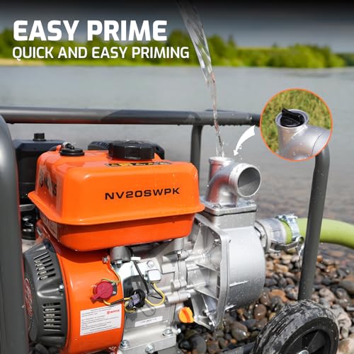 NOVUS 2-Inch Semi Trash Pump with Foldable Handle and Wheels, 212cc 4 Cycle Engine, 50ft Discharge Hose, 12ft Suction Hose with Quick Cam Lock Coupler,Gas Powered Irrigation Water Pump, EPA Certified - size: 2 Inch with Hose and Wheel