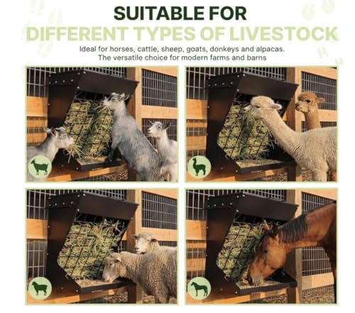 Wall Mount Hay Feeder for Goats, Covered Feeder for Horses with Roof, 2in1 25 Gallon hay Rack & Grain, Hanging Hook on Fence Mount, Galvanized Steel Goat hay Feeder for Sheep Cattle - Black