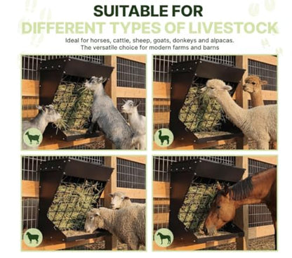 Wall Mount Hay Feeder for Goats, Covered Feeder for Horses with Roof, 2in1 25 Gallon hay Rack & Grain, Hanging Hook on Fence Mount, Galvanized Steel Goat hay Feeder for Sheep Cattle - Black