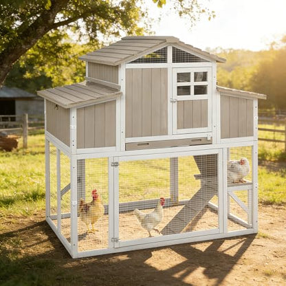 Large Wooden Chicken Coop for 2-6 Chickens, Outdoor Chicken House with 4 Nest Boxes, Hen House Poultry House Pet Hutch Chicken Cage with Waterproof Asphalt Roof, Ramp, Roosting Bars - color: Grey