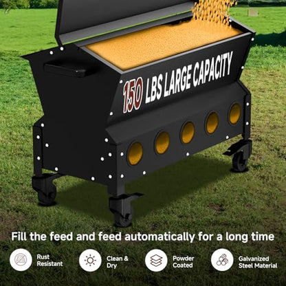 Portable Metal Chicken Feeder with Waterproof Lid, Freestanding Chicken Feeding Box with 150 lbs Large Capacity for Chickens, No Waste Gravity Poultry Feeder, 4 Lockable Wheels for Moving.