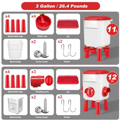 Chicken Feeder and Waterer Set 3 Gallon/26.4 Pounds, Automatic Chick Feeder and Waterer Set No Waste, Poultry Feeder Large for Hens/Ducks/Poultry - color: Red