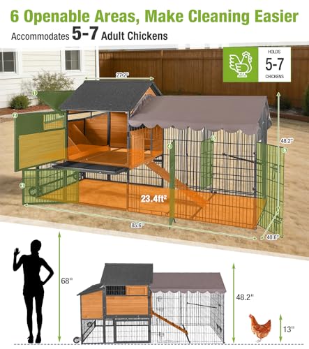 GUTINNEEN Large Metal Chicken Coop with Run, Large Wooden Chicken House with Iron Frame, Weatherproof Roof, Hen House with Pull-Out Tray, Non-Slip Ramp, Ventilation Windows, 85" L - size: 85.6"L x 40.6"W x 48.2"H