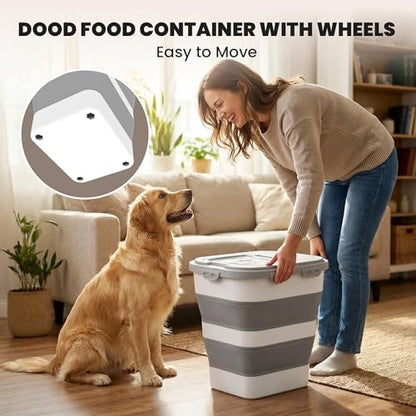 35-40 Lbs Airtight Dog Food Storage Container, Collapsible Dog Food Container with Lid, Wheels, Date Track, Large Pet food storage Container for Rice,Flour,Sugar,Dog Food Scoop,2PCS Containers - color: Grey/40 lbs