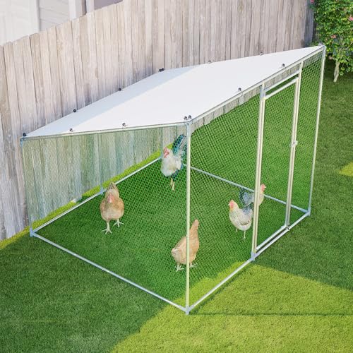 Walk in Chicken Coop, Chicken Runs for Yard with Cover, 84 x 78.7 x 72.7 in Metal Enclosure, Slanted Roof, Lockable Door for Ducks Rabbits