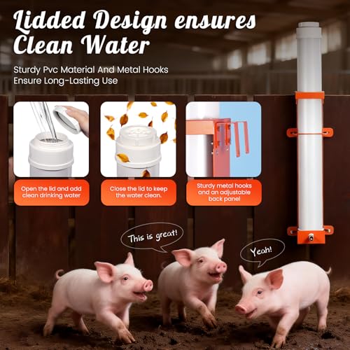 Hanging Vertical Pipe Waterer with Steel Nipples Adjustable Height | Easy Mounting Automatic Pig Waterer for Pigs & Other Livestock, Durable PVC Material, 9l Large Capacity