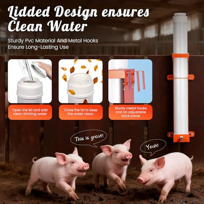Hanging Vertical Pipe Waterer with Steel Nipples Adjustable Height | Easy Mounting Automatic Pig Waterer for Pigs & Other Livestock, Durable PVC Material, 9l Large Capacity