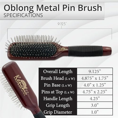 Kenchii Pet Grooming Metal Pin Brush | Solid Wood, Non-Slip Grip Detangling and Shedding Tool for Long or Short Haired Pets - Large Oblong Size - size: Oblong