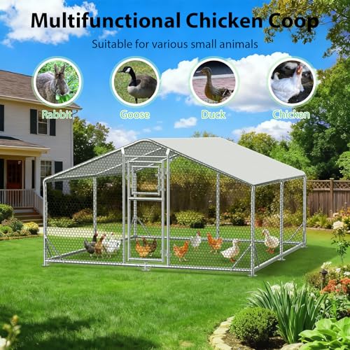 13x10x6.5 FT Walk in Chicken Coop, Functional Split Door Metal Chicken Coop Run with Hardware Cloth & Cover, Heavy Duty Duck Pen with Galvanized Frame, Large Animal Run for Chicken, Duck, Goat - size: 157.0"L x 118.0"W x 77.0"H