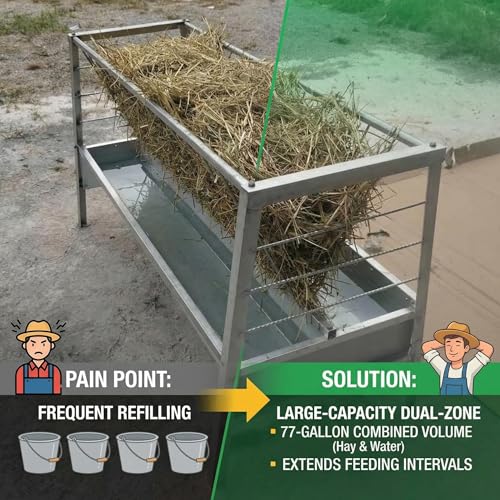 59 Inch Livestock Feeder 77 Gallon Capacity, Heavy Duty Galvanized Steel Hay Feeder with Deep Grain Trough for Goats, Sheep and Horses, Barn or Pasture Use