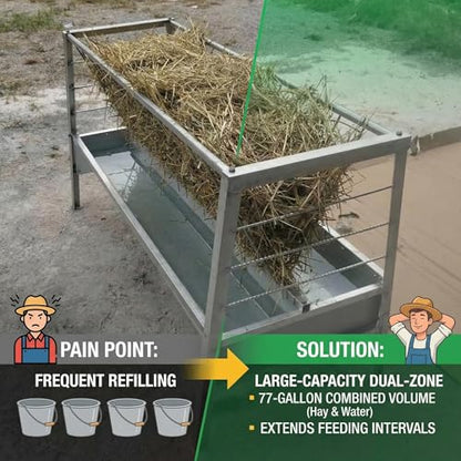 59 Inch Livestock Feeder 77 Gallon Capacity, Heavy Duty Galvanized Steel Hay Feeder with Deep Grain Trough for Goats, Sheep and Horses, Barn or Pasture Use