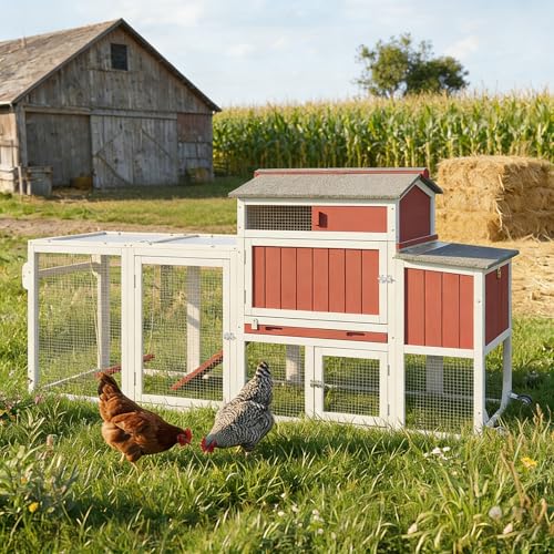 Ketive Wooden Chicken Coop with Wheels – Large Movable Outdoor Hen House with Waterproof Clear Sunlight Panel Roof, Nesting Box & Easy-Clean Tray – Spacious Backyard Poultry Tractor Red - color: Red, size: 77.4"L x 23.2"W x 39.3"H