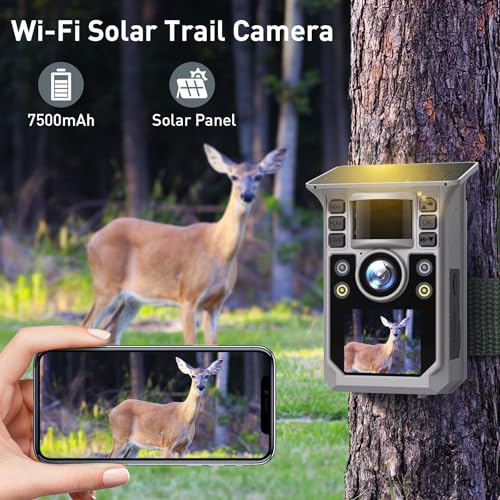Trail Camera Full Color 6K 64MP Solar WiFi Game Hunting Camera with Night Vision,Built-in 7500mAh Battery, IP67 Waterproof, Thermal Sensitivity Activated Field Camera