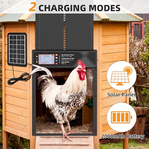 Automatic Chicken Coop Door Solar Powered, LCD Screen Electric Chicken Coop Door with Timer & Light Sensor, Aluminum Alloy Automatic Chicken Door with Anti-Pinch, Remote Control & 4 Working Modes