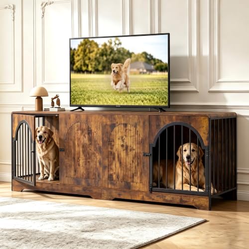 87" Extra Large Dog Crate TV Stand for 2 Dogs, Double Dog Crate with Removable Divider, Heavy Duty Wooden Dog Kennel with Arched Metal Doors & 4.3" Robot Vacuum Clearance, Ships in 2 Boxes (Espresso) - color: Espresso