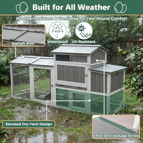 Large Chicken Coop with Run for 6-12 Chickens, Mobile Outdoor Hen House Chicken Tractor with Full Asphalt Roof, Wheels, Wooden Poultry Cage with 4 Nesting Box, Pull-Out Tray & Fun Swing - color: Grey