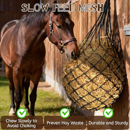 3 Pcs 47" Large Heavy Duty Hay Nets for Horses,Slow Feed Hay Bags for Horses – Hanging Hay Net Feeder with Straps & Hooks for Stall, Fence, Trailer, Goats & Sheep