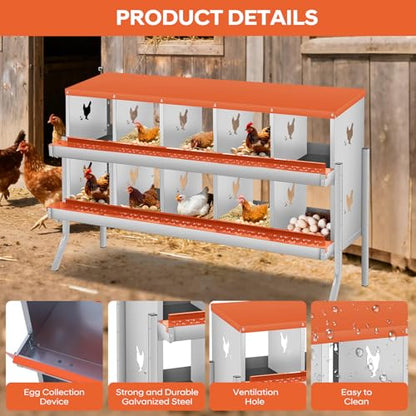 GarveeLife Chicken Nesting Box, 10 Compartments Nesting Box for Chickens, Two-Tier Galvanized Steel Chicken Egg Laying Box with Large Vented Holes Wall Mounting for Easy Egg Collection - color: Orange | 10 Compartments