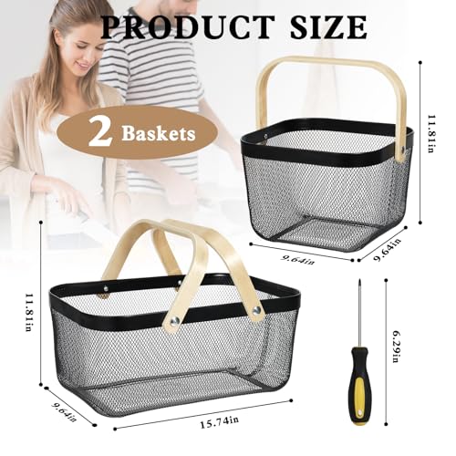 2 Pack Garden Harvest Basket, Metal Mesh Wire Picnic Basket with Handle, Rectangle Garden Baskets for Gathering Vegetables, Fruits, Kitchen, Home Cabinet Closet and Office(Black) - color: Black