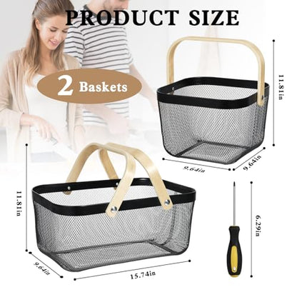2 Pack Garden Harvest Basket, Metal Mesh Wire Picnic Basket with Handle, Rectangle Garden Baskets for Gathering Vegetables, Fruits, Kitchen, Home Cabinet Closet and Office(Black) - color: Black