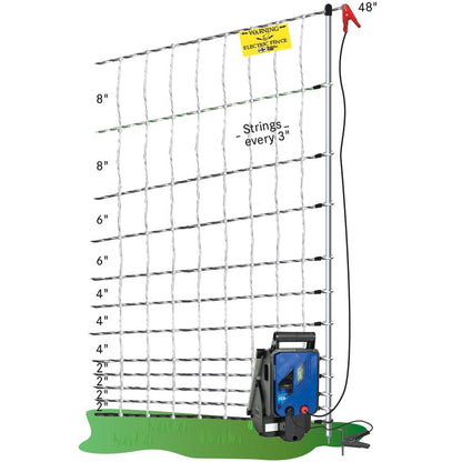 Premier 1 PoultryNet® Plus, Starter Kit for Chickens – 48"H x 100'L | White/black. Includes solar energizer, support posts & tester. Double spike, posts every 6.8 ft to reduce sag. For chickens.
