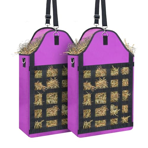 2 Pack Purple Slow Feed Hay Bags for Horses Goats Rabbits Donkeys,Heavy Duty Oxford Hay Feeder with Front Hay Net Design, Easy Fill Hanging Forage Bag (Premium Animal Feeding Solution)