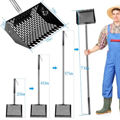 Kalekey Heavy Duty Chicken Coop Rake and Scoop, 15 Inch Extra Large Chicken Coop Rake with Adjustable Stainless Steel Handle (25 to 73 Inch)，Metal Multi-Use Cleaning Shovel for Coops, Beach（Black） - color: Black