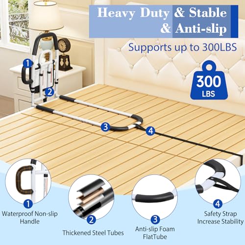 Bed Rails for Elderly Adults Safety, ASTM Approved Upgrade Bed Assist Rail for Seniors - Adjustable Bed Cane with Non-Slip Ergonomic Handle & Storage Pocket, Fit King Queen Full Twin Beds