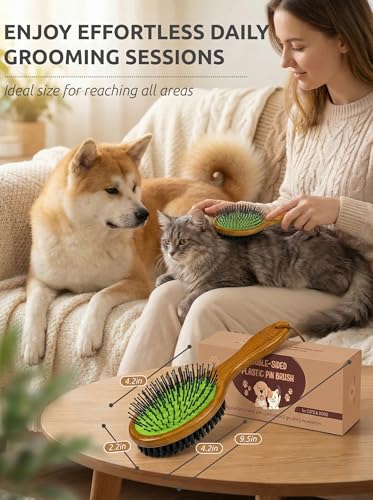 TAKAVU Pin & Bristle Pet Brush for Dogs & Cats - Double Sided Grooming Tool Detangles, Removes Loose Hair & Conditions Coat - Wood Handle - color: Black Boar Bristle & Pin Brush