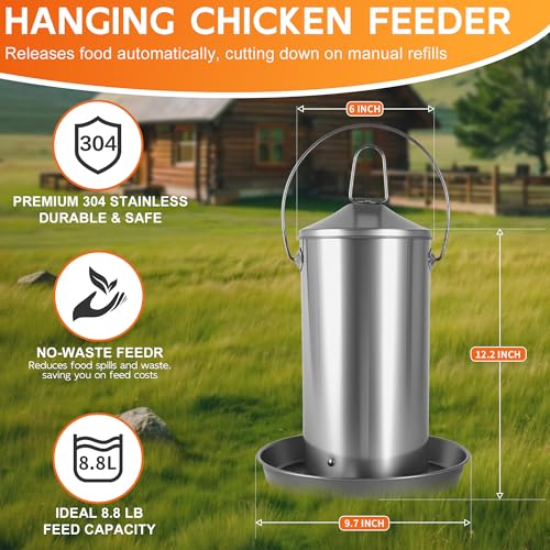 8.8lb Stainless Steel Hanging Chicken Feeder, Metal No Waste Poultry Feeder, Rustproof, Reusable, Long-Lasting, Gravity Feed Chicken Coop Accessories for Chicken, Geese, Duck, Hens, Rooster, Chick - color: 8.8lb