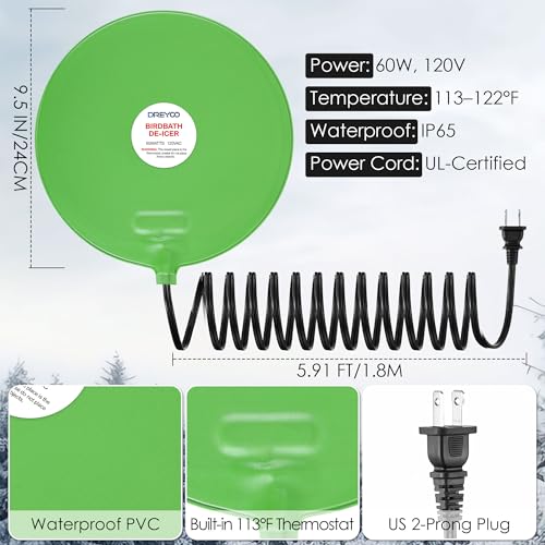 Dreyoo 60W Bird Bath Heater, Submersible De Icer for Outdoor Winter Use, Thermostatic Control, IP65 Waterproof, Chicken Water Heater for Birds, Poultry, Livestock, Wildlife Drinking(1 Pack)