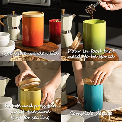 Sweejar Ceramic Food Storage Jar, Stackable Kitchen Canisters, Containers with Airtight Seal Wooden Lid for Serving Ground Coffee, Tea, Sugar, Salt and More - 16 Fl Oz (Gradient Green) - color: Gradient Green, style: 16 Fl Oz (4.1"x4.4")
