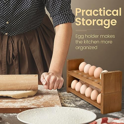 Sishynio Double Layer Egg Tray Holder Countertop - Wooden Fresh Egg Rack Stackable Storage Basket, 2 Tier Egg Organizer for Farmhouse Kitchen Refrigerator - style: 2 tier pine egg tray