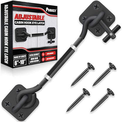 [Upgrade Adjustable] 6”-10” Cabin Hook Eye Latch Gate, Heavy Duty 4 Mounting Points Bracket, Barn Door Lock Latch, Durable Door Swivel Window Hook Lock for Sliding Door, Outdoor, Window, Cabinet