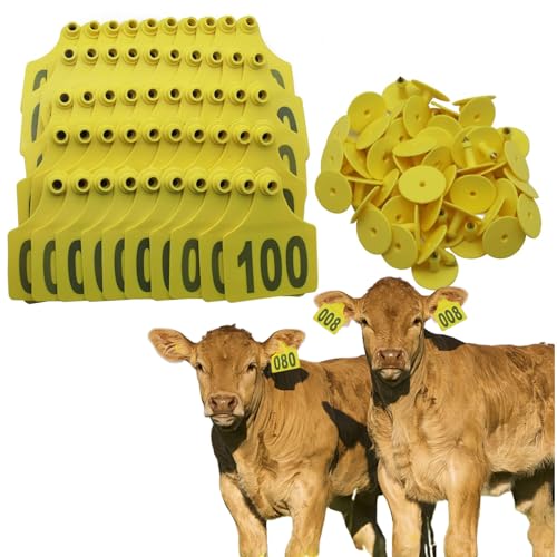 Cattle Ear Tags with Numbered 001-1000, Plastic Livestock Animal Ear Tag for Cows Goats Sheep Pigs Animal Identification Earring Tagger Yellow 701-800 - size: 701-800