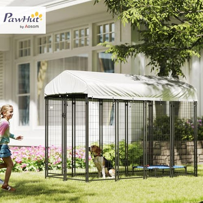 PawHut Outdoor Dog Kennel with Roof, 8' x 4' x 6' Heavy Duty Welded Wire Dog Playpen Enclosure with Escape-Proof Lock, UV-Resistant & Waterproof Cover, for Medium Dogs, Chickens, Ducks, Silver - size: 96.0"L x 48.0"W x 72.0"H, style: Single Room