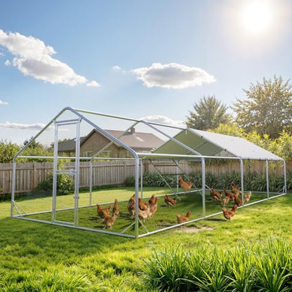 Sannwsg Large Metal Chicken Coop with Run, Walk in Chicken Pen with Waterproof Cover, Secure Lock, Heavy Duty Poultry Cage with Feeding Door for Outdoor Farm Use（26x10 FT - size: 26x10ft