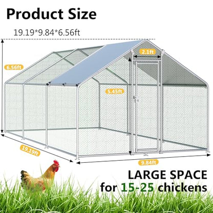HITTITE Large Metal Chicken Coop with Run, 19.19 x 9.84 x 6.56 ft Walk in Poultry Cage Chicken Run Pen, Outdoor Chicken Runs for Yard with Waterproof & Anti-UV Cover - size: 19.19'L x 9.84'W x 6.56'H